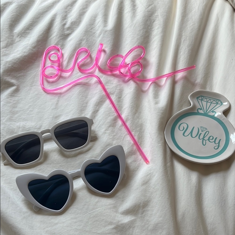 Bridal bundle with Bride Straw, wifey ring tray, white heart sunglasses